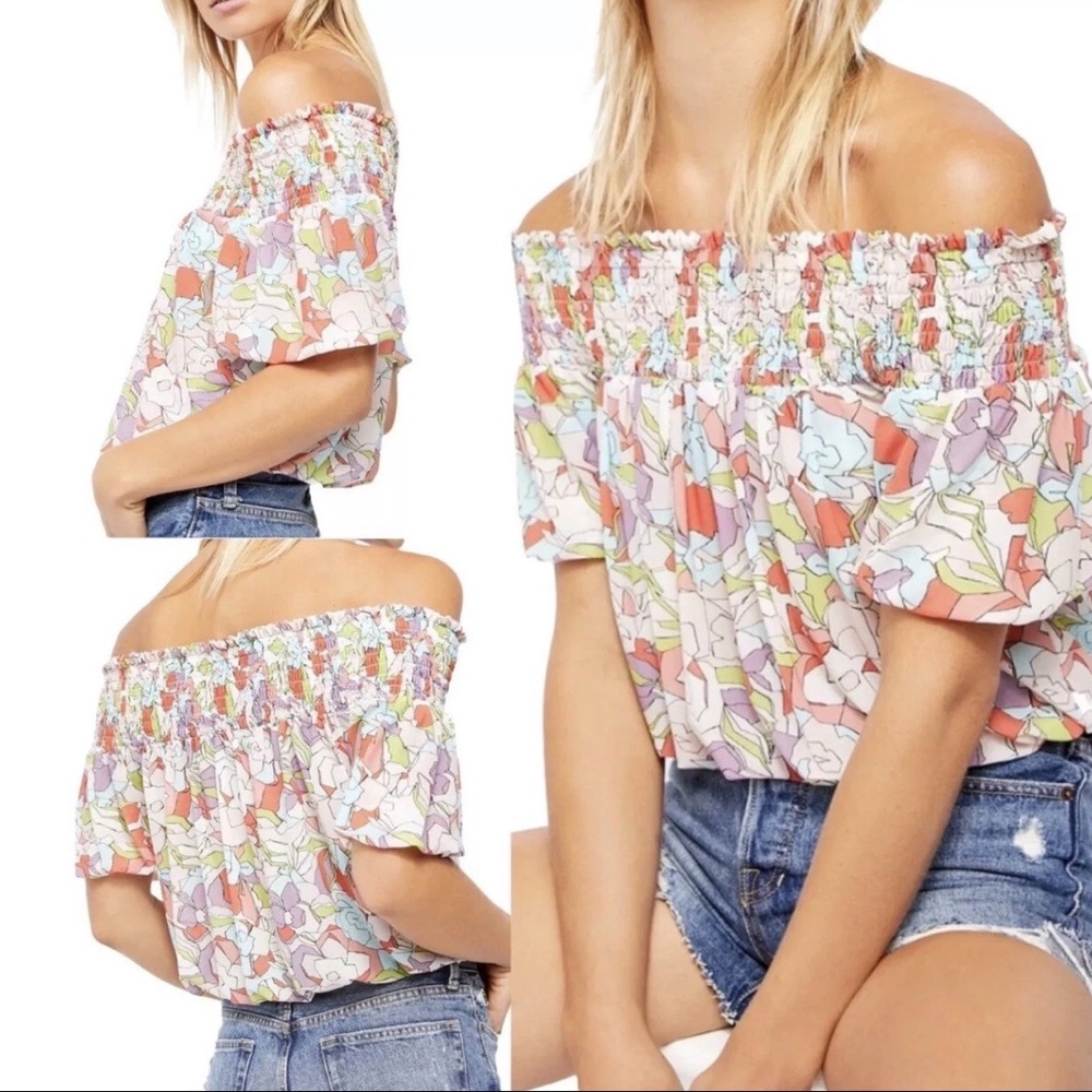 Free People Technicolor Bubble Floral Off-Shoulder Blouse Size XS